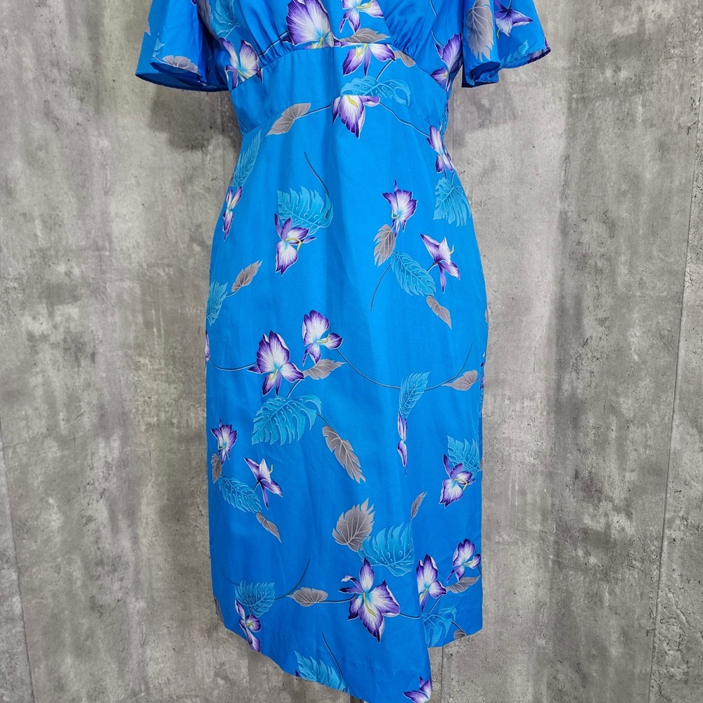 Vintage Darina Honolulu Hawaiian Dress Blue Floral Tropical Midi Made Hawaii - Picture 3 of 10